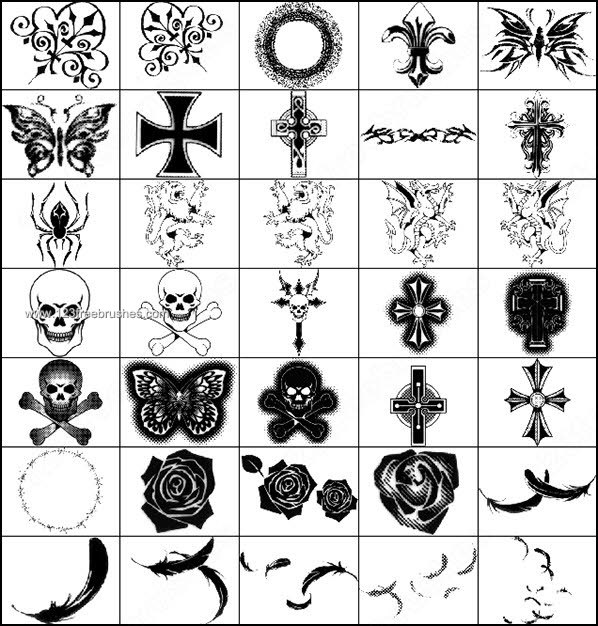Gothic manga brushes for Photoshop – Skull – Feather – Cross – Rose Flowers