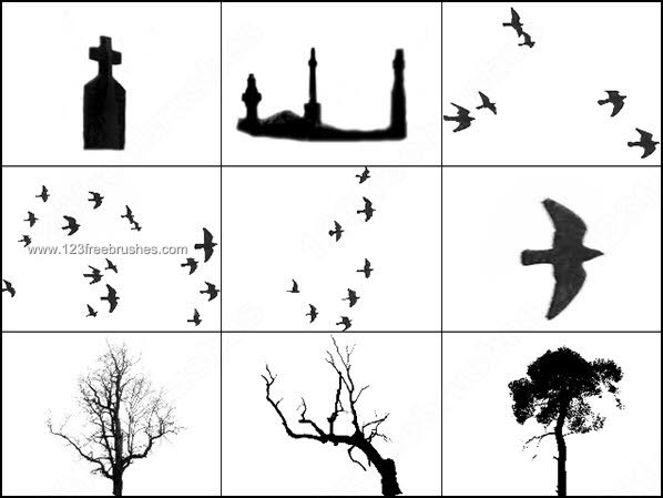 Photoshop Brushes Spooky Silhouettes – Birds – Tree Silhouette – Graves